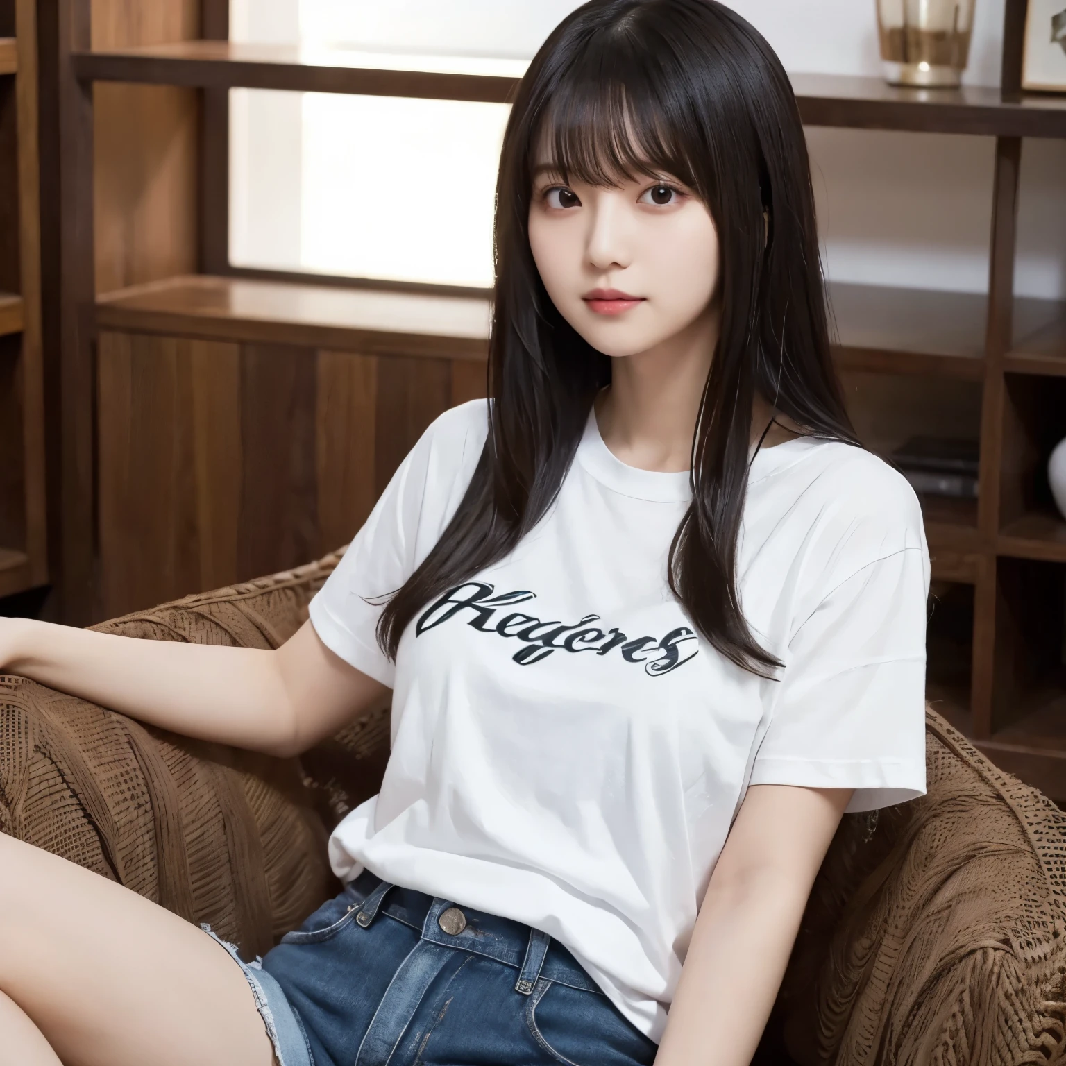  girl, busty, Relaxing in the living room,  black hair,  straight hair,  with bangs,  plain t-shirt, Highest Masterpieces,  professional lighting,  no makeup