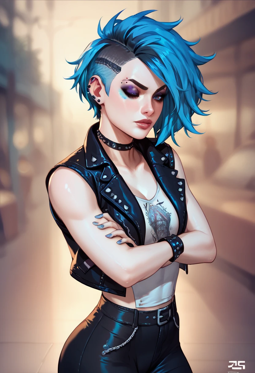 Beautiful 25 year old girl, White skin Short punk style hair with blue highlights,Gothic makeup,Wearing a small black leather jacket, arms crossed   