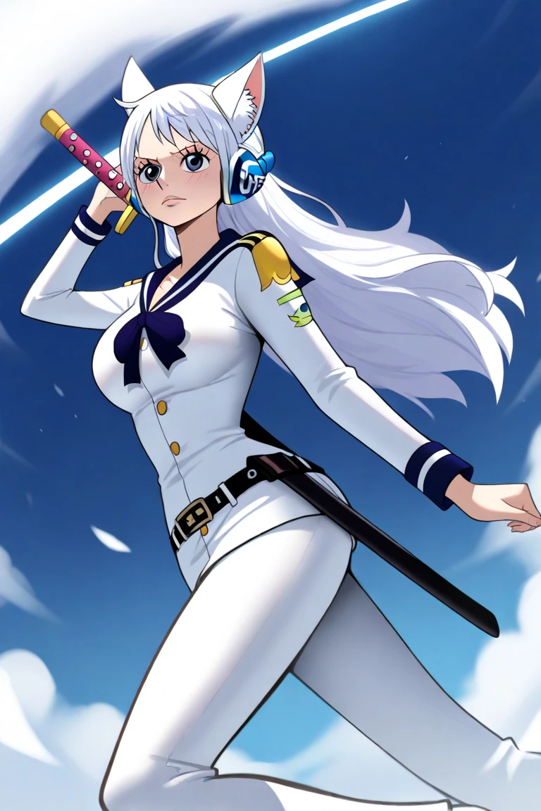 anime girl with long white hair, she has a long white fox ears, standing in front of a sky, an anime drawing by Jizoku, pixiv, from one piece, one piece style, fine details. One piece, anime girl with long hair, big breasts, long female character, female anime character, dressed as grand navy character, in the white uniform of a Marine Admiral, with a sheathed sword on her belt, dressed in dark blue sailor pants, bright blue eyes, one piece universe, one piece grand navy