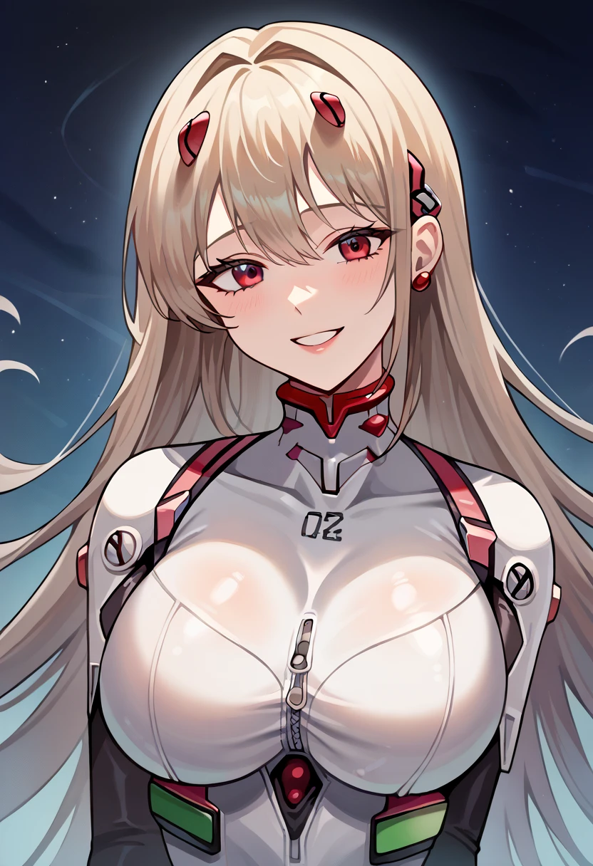 Masterpiece, source_anime, top-quality, perfect anatomically, correct anatomy, sharp focus, 4K,8K, anime girl, 2D,1girl, Viper (Nikke), sci-fi girl, latex body suit, evangelion no.1 costume bodysuit, platinum blonde hair, white eyelashes, long hair, smooth long hair, bangs, hot pink eyes, earrings, curvy body, very big breasts, huge breasts, huge breasts:2.3, breast bigger than head, thick breasts, thick hips, thick thighs, slim waist, hourglass figure, white bodysuit, pink bodysuit, black bodysuit, three colors bodysuit(pink,white,black), in space, outer space background, floating, smile, front view, close up, upper body, right hand holding a gun