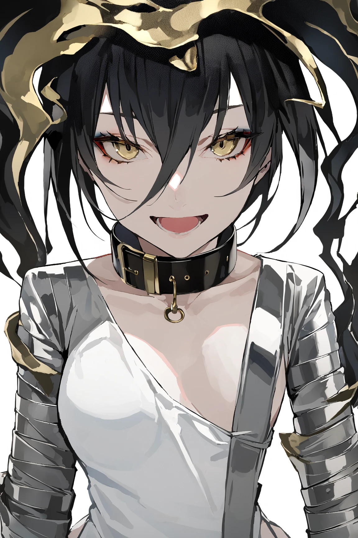 masterpiece, best quality, 1girl, solo,  black hair,  strait jacket,   simple background,  looking at viewer, nail polish, collar, long hair, open mouth,  hair between eyes, bangs, white background,   smile, gold eyes,  collarbone, long sleeves, dark, abyss, 