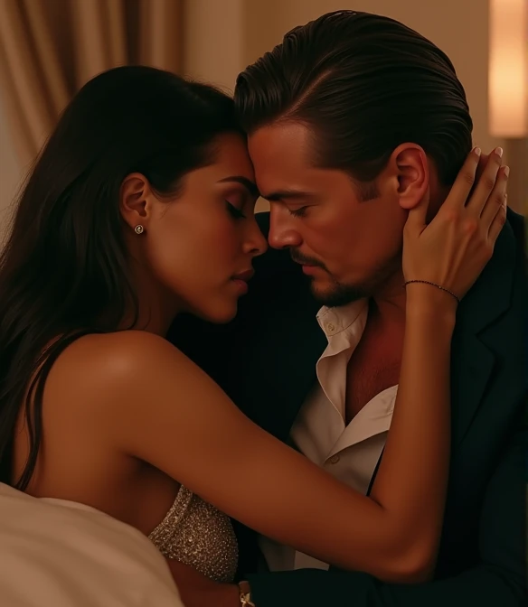 "In a dark and romantic environment, a man and a woman make out in a car. Their face is illuminated by soft, intimate lighting, revealing an expression of satisfaction and happiness. 4K resolution captures every detail, from the texture of the dress's fabric to the delicate play of shadows and light on the skin. A vivid, emotionally charged moment."