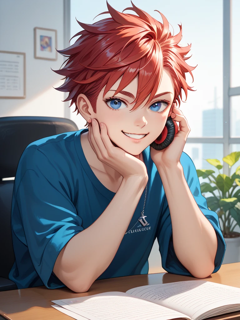 One man, with red hair, blue eyes, in a casual outfit, wearing a headphone on his head, little smile on his face, sitting on his desk playing, anime, charismatic, alone with an atmosphere gaming