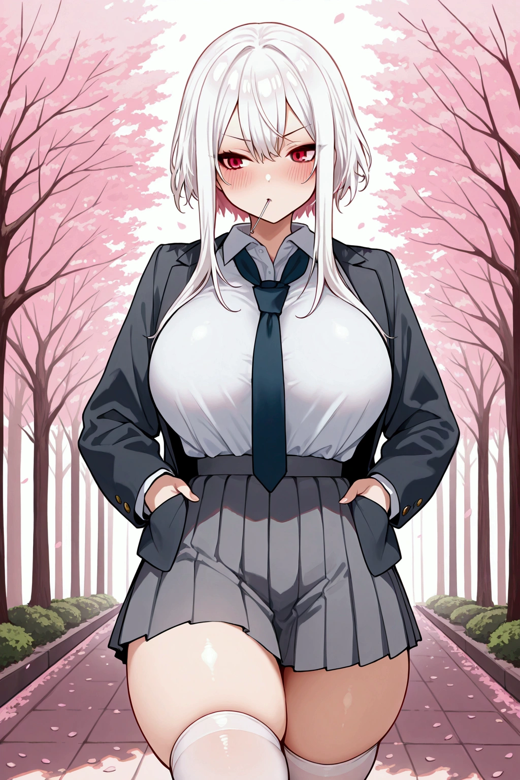 1girl, big breasts, curvy figures, smile, tie, white hairs, red eyes, white shirt, braided hairstyle, many tree background, flowers, high res, ((masterpiece))