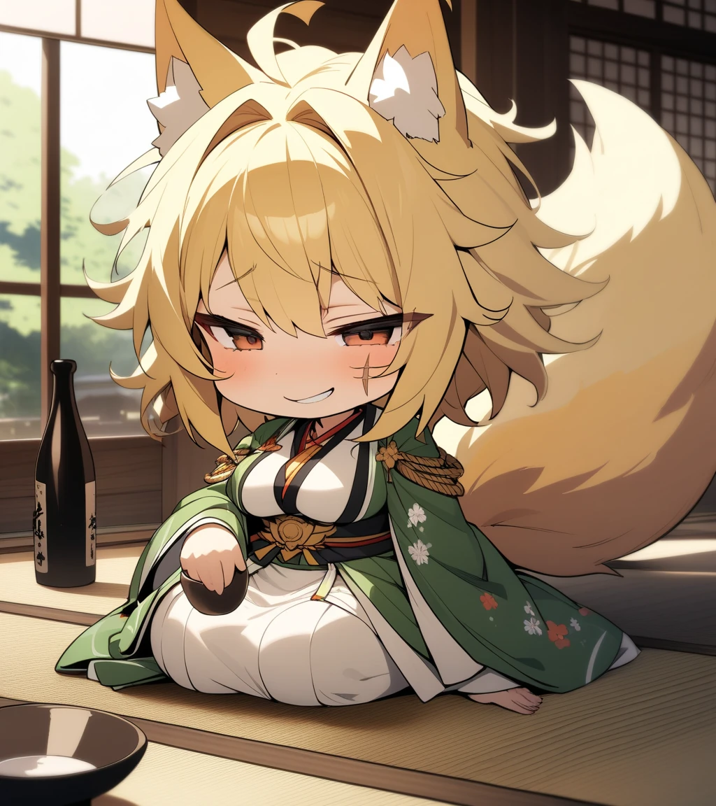 (masterpiece,best quality,very aesthetic),super-fine illustration,high saturation,BREAK,solo,1girl,(acrylic stand,fan goods,chibi,1girl chibi Character of acrylic stand:1.4),30 years old,curvy,large breasts,tall,stout build,bewitching,(fox tail),blonde fox ears,short hair,blonde hair,beautiful face,(brown eyes),(half closed eyes:0.5),(messy hair),disheveled hair,hair intakes,(dark green kimono,pelvic curtain:1.2),light smile,sitting,drunk,comfortable,drinking,japanese sake bottle,tabi,(scar on cheek,scar on breasts:1.2),sideways glance