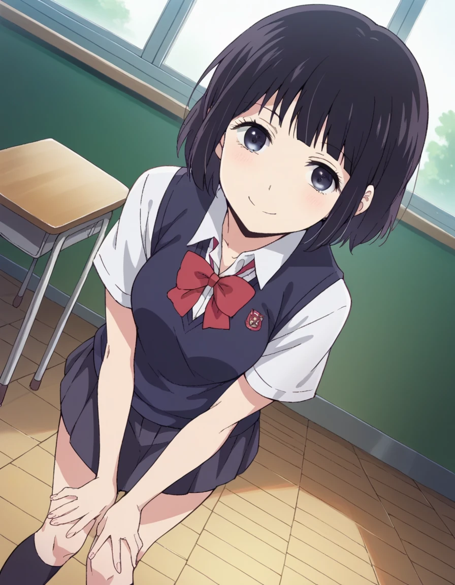 score_9, score_8_up, score_7_up, source_anime,
hanabiyasuraoka, hanabi yasuraoka, short hair, black hair, black eyes,
skirt, bow, school uniform, shoes, socks, bowtie, kneehighs, sweater vest,
indoors, classroom, bent over, smile,
looking at viewer, cowboy shot, dutch angle, solo,