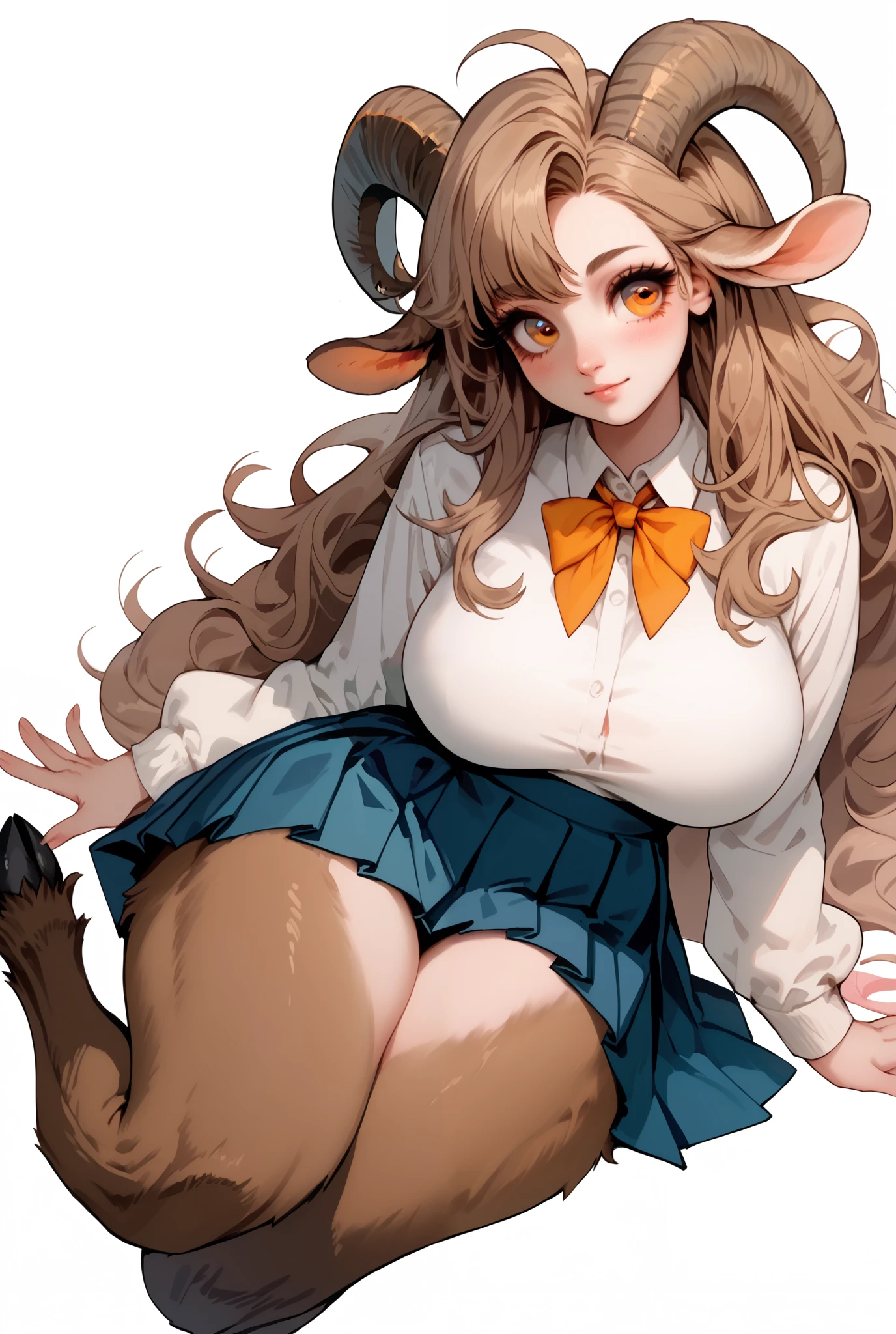 1girl, satyr girl, pastel brown hair, long hair, orange eyes, long eyelashes, goat horns, goat legs, hooves, brown leg fur, pleated skirt and white shirt, simple background, High Resolution, curvy body, big breasts, thick thighs