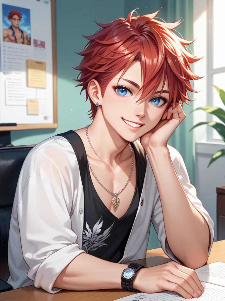 One man, with red hair, blue eyes, in a casual outfit, wearing a gaming handset on his head, little smile on his face, sitting on his desk playing, anime, charismatic, alone with an atmosphere gaming