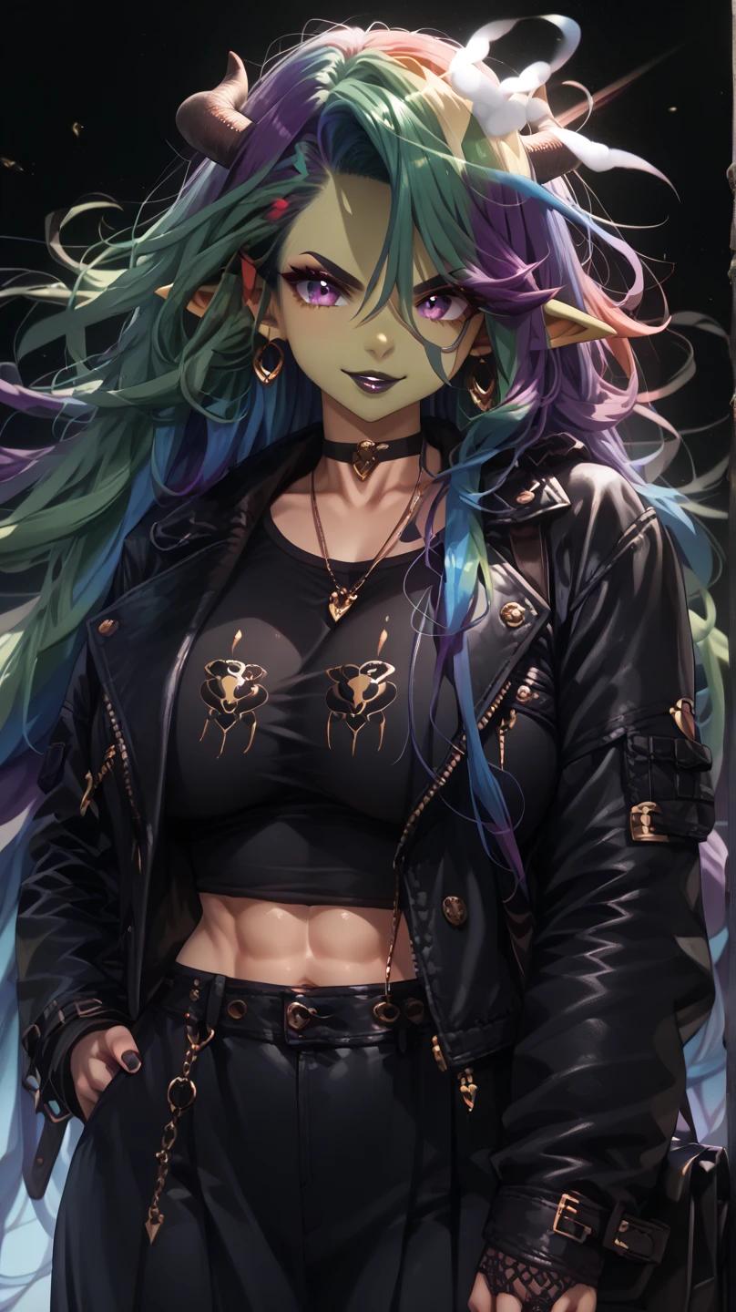 perfect hands, female goblin, (((dark green skin))), goblin ears, curvy body, giant breasts, giant ass, wide hips, detailed hair, (((very long rainbow hair:1.5))), bangs, (((rainbow hair:1.5))), detailed face, soft face, beautiful face, detailed eyes, anime eyes, pretty eyes, big eyes, purple eyes, black eyeshadow, black eyeliner, cute nose, detailed lips, black lipstick, demon horns, angry eyebrows, smile, abs