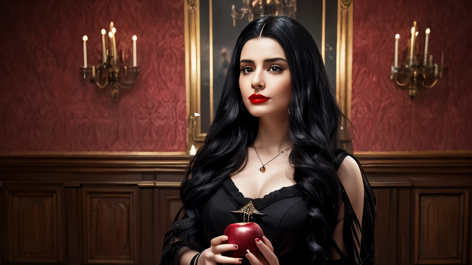 ((Foto RAW),  absurd, ( absurd resolution)),  masterpiece ,  Better quality, ( Extremely detailed 8k unit CG wallpaper), ( best illustration), (best shade),  realistic lighting,  detailed and beautiful brightness , ((21 years old)), girl,  Long black hair, Queen Black,  Accessories , Apple in hand, poisoned apples, witch queen,  red lipstick, ((( Her photographic perspective )))