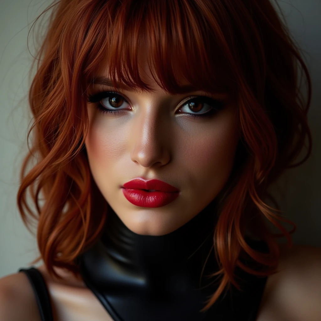 A beautiful, sexy girl with dark red hair, close-up portrait of her pretty face, captivating red lip gloss, dramatic eyeliner flicks, wearing a sexy latex neck-entry catsuit, (best quality, 4k, 8k, highres, masterpiece:1.2), ultra-detailed, (realistic, photorealistic, photo-realistic:1.37), HDR, UHD, studio lighting, ultra-fine painting, sharp focus, physically-based rendering, extreme detail description, professional, vivid colors, bokeh, portrait, realism, realistic