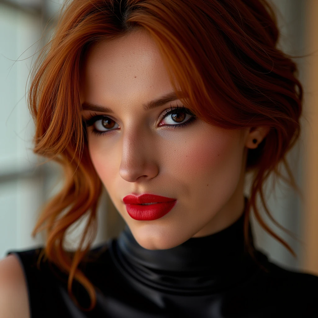 A beautiful, sexy girl with dark red hair, close-up portrait of her pretty face, captivating red lip gloss, dramatic eyeliner flicks, wearing a sexy latex neck-entry catsuit, (best quality, 4k, 8k, highres, masterpiece:1.2), ultra-detailed, (realistic, photorealistic, photo-realistic:1.37), HDR, UHD, studio lighting, ultra-fine painting, sharp focus, physically-based rendering, extreme detail description, professional, vivid colors, bokeh, portrait, realism, realistic