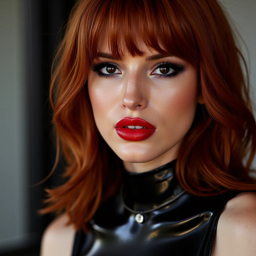 A beautiful, sexy girl with dark red hair, close-up portrait of her pretty face, captivating red lip gloss, dramatic eyeliner flicks, wearing a sexy latex neck-entry catsuit, (best quality, 4k, 8k, highres, masterpiece:1.2), ultra-detailed, (realistic, photorealistic, photo-realistic:1.37), HDR, UHD, studio lighting, ultra-fine painting, sharp focus, physically-based rendering, extreme detail description, professional, vivid colors, bokeh, portrait, realism, realistic