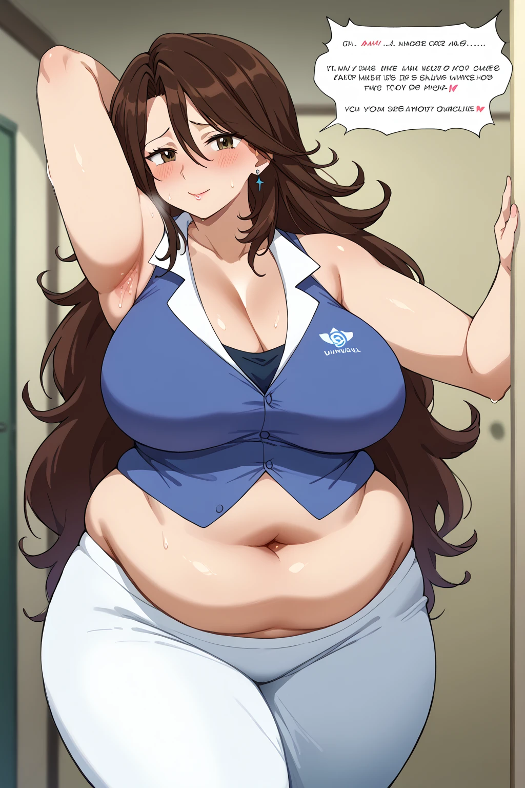  Sumeragi Lee Noriega ,  Sumeragi Lee Noriega ,blue shirt, sleeveless ,A shirt with a wide open neckline,White trousers,Exposed navel,Obese middle-aged woman, troubled expression, embarrassing expression ,milf, chubby, king bang , I'm sweating a lot,A woman with stinky body odor,A woman with smelly armpits ,Body odor,Showing off armpits, score_9,  score_8_ up、 score_7_ up、 score_6_ up、 score_5_ up、 score_4_ up、 masterpieces at the front door of the house、 top quality , very aesthetic,  absurd、 Source_ anime anime screencap,  one woman、Alone、 personal  、 brown eyes、 brown hair 、 long hair、Super huge breasts,  super huge clevis、Super huge, Super huge boob,Curvy、 wide hips、