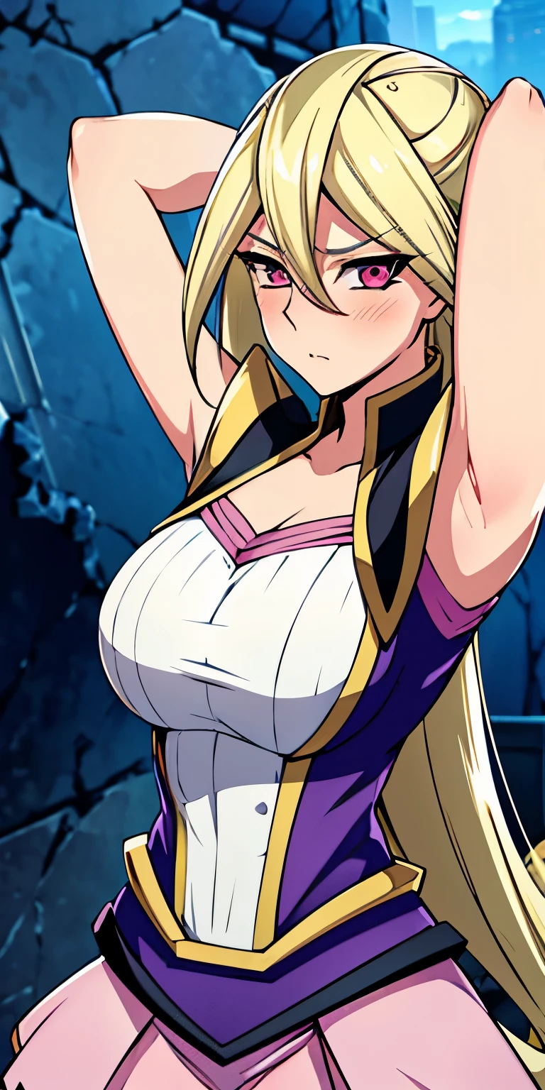 1 Female,High definition,high resolution,Ultra-realistic,8K, Gloria Tyler, blonde hair, pink eyes,serious, long hair, large breasts,sleeveless,pink skirt, (ruins),blush,tight skirt, miniskirt, large breasts,European,sexy,Upper body close-up,Photographed from the front,Dynamic Angles,(blush), (medium tits) ,(arms behind head)