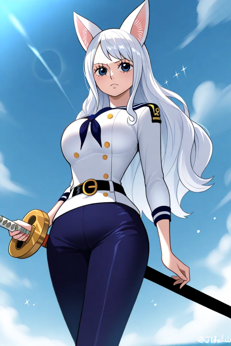 anime girl with long white hair, she has a long white fox ears, standing in front of a sky, an anime drawing by Jizoku, pixiv, from one piece, one piece style, fine details. One piece, anime girl with long hair, big breasts, long female character, female anime character, dressed as grand navy character, in the white uniform of a Marine Admiral, with a sheathed sword on her belt, dressed in dark blue sailor pants, bright blue eyes, one piece universe, one piece grand navy