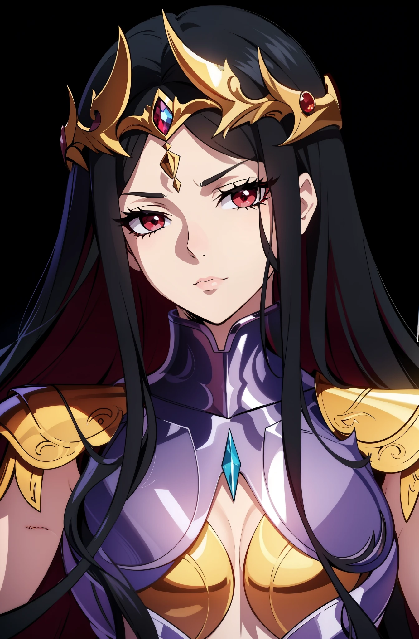 (high-quality, breathtaking),(expressive eyes, perfect face) 1girl, female, solo, adult woman, black color hair, red streaks in hair, crimson red eye color, long hair length, Symmetrical Eyes, portrait, halfbody, upper body, blank stare, gold shoulder pads, purple armor, breastplate, spectre armor, saint seiya inspired, evil queen vibe, cold expression, accessories, jewellery, half open eyes
