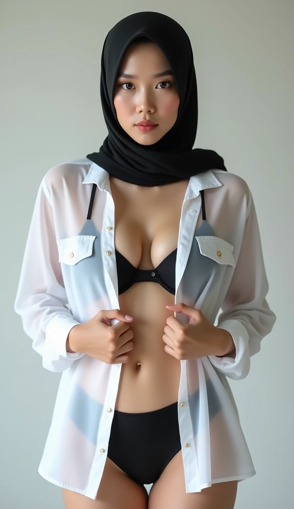 1 woman, accurate to LoRA, sad face, fine wrinkles, blushing cheek, wearing black hijab and white shirt, perfect body, (busty breast 1.6), thin waist, abs, looking at camera, holding handbag,  standing in park, blurry background, (wearing panties), full body shot, realistic 4K, depth of shadow