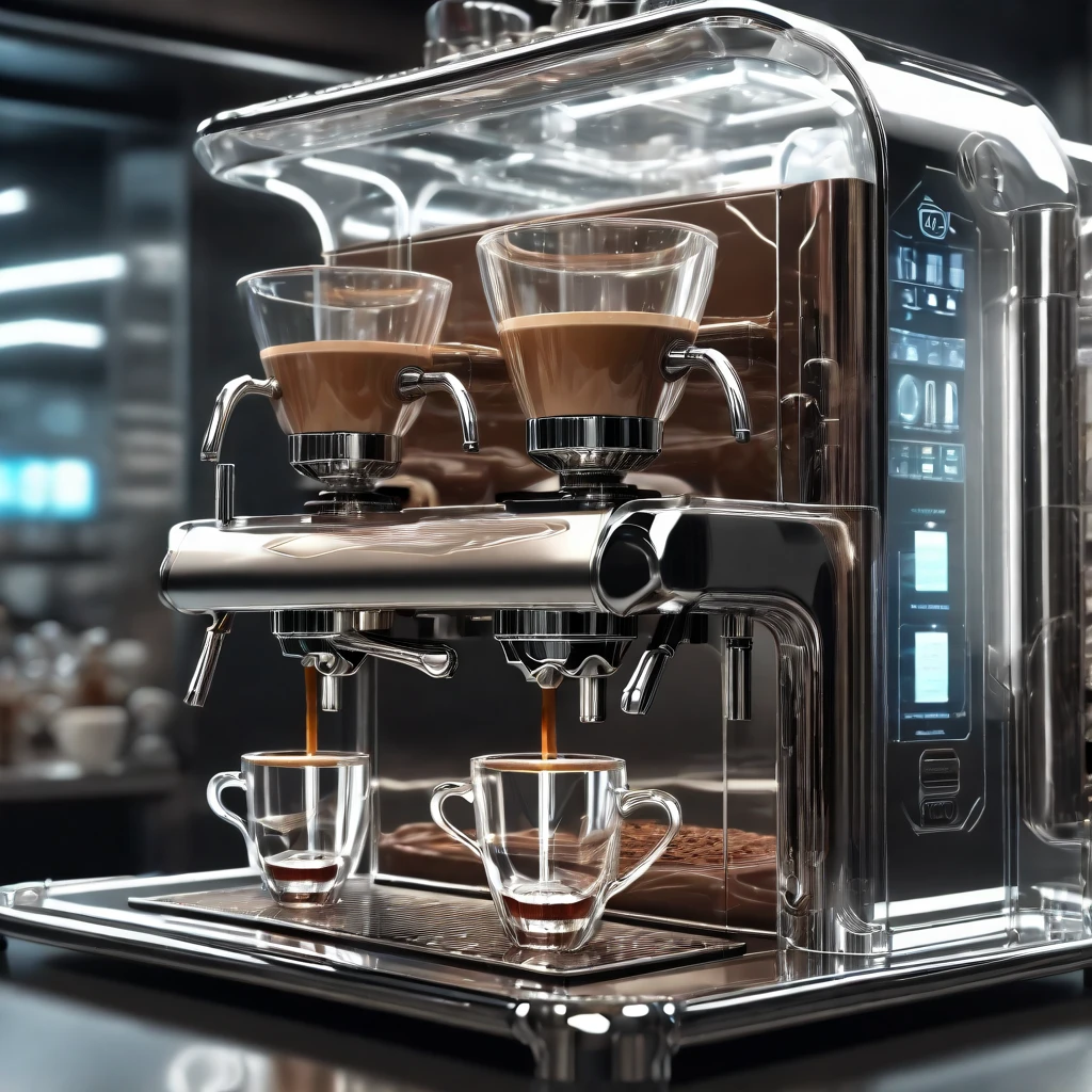 glasstech,scifi,  transparent  ,coffee machine , detailed background