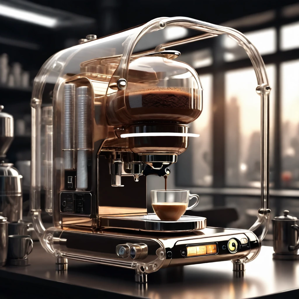 glasstech,scifi,  transparent  ,coffee machine , detailed background