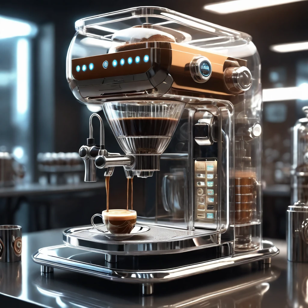 glasstech,scifi,  transparent  ,coffee machine , detailed background