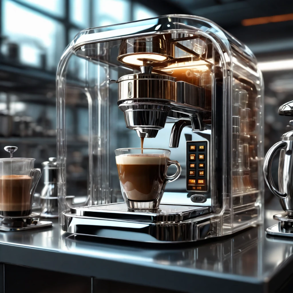 glasstech,scifi,  transparent  ,coffee machine , detailed background