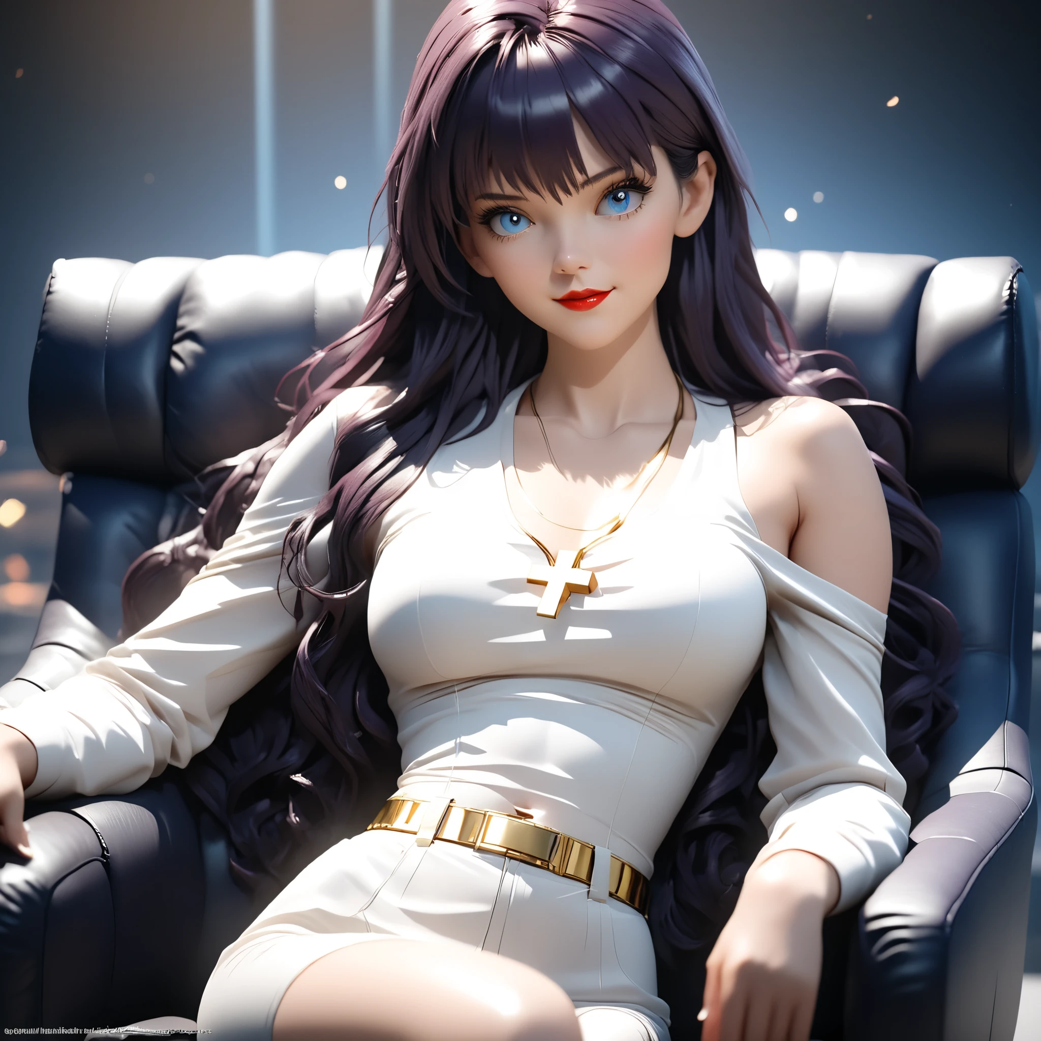 8k, masterpiece, CGSTATION, hyper CGI style, arte extremadamente detallado de artgerm, photorealistic chica anime render, A 4k anime drawing style, 8k, masterpiece, best quality, 3D rendering, INTRICATE, 8k, 3D TOON, hyper detailed, blue eyes, dark purple hair, hair long, MISATO KATSURAGI, medium bust, shiny skin, 27 years old, a woman, navel, sensual smile, red lips, super detailed skin, super beautiful eyes, cross necklace, the setting is super detailed in CGI quality, She is wearing a tight white blouse, the blouse is off the shoulders, the blouse has a V-neckline, she is wearing white pants with a wide gold belt, she is wearing gold accessories, She is sitting watching a movie in a cinema, She is looking at the screen, the view is lateral to it,