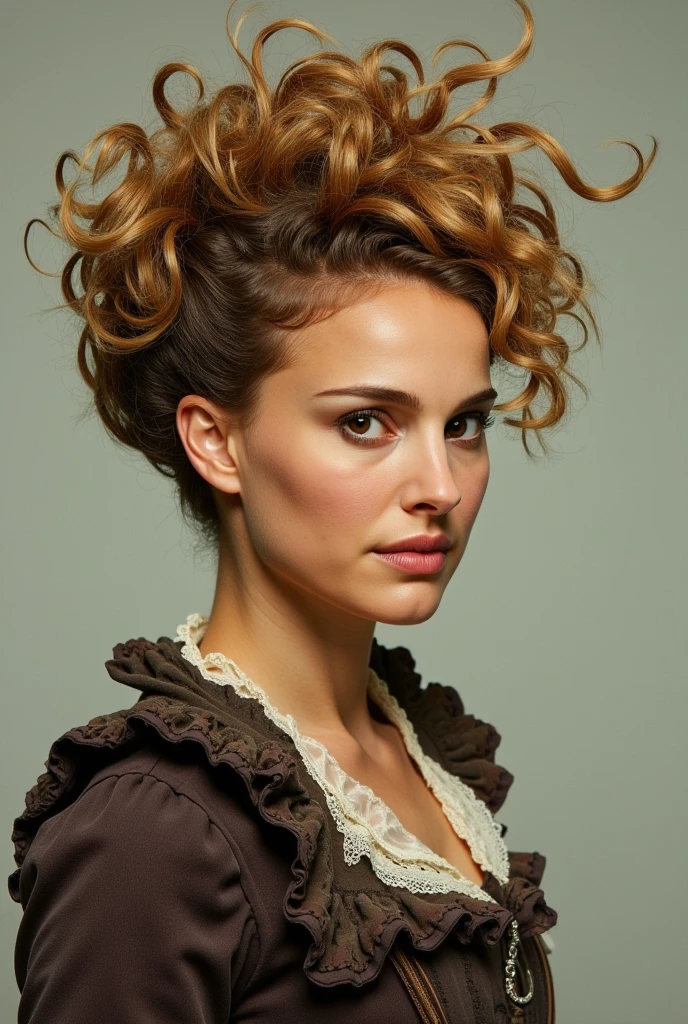 Natalie portman short, curly, messy hair, styled in a spiky, textured cut. The curls should be wild and spiky, standing straight up to create a disheveled, carefree, and untamed look. The sides should be closely cropped, revealing the ears, with no long strands. The hair should be a dark blonde shade with warm golden or caramel highlights, giving it a natural sun-kissed effect. The face should resemble Natalie Portman’s face in *My Blueberry Nights* (2007).in victorian corset and short skirt