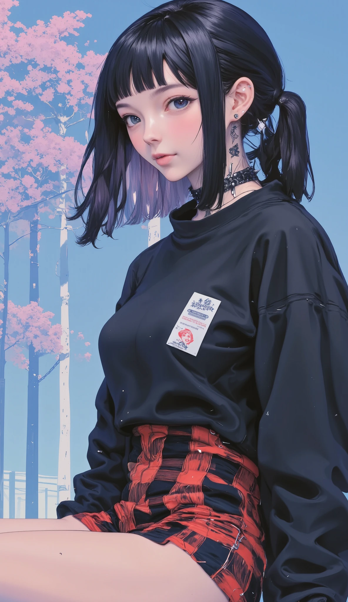  Plan General :1.3,  anatomically correct full body  ,   of a young woman with modern hair with brown bangs and perforations,    half open mouth perfect teeth showing only the tongue   ,   cheerful image wears dog collar with spikes and chains   ,    black sweatshirt   ,  short skirt with red and black plaid print   ,tatuajes, violet and cyan background   ,    Cyberpunk art inspired by Ross Tran   ,    trending at CGSociety   , Gothic art, Ross Tran!!!, Style Ross Tran,  In the style of Ross Tran , Ross Tran 8K, ross drawings   1. 0,     work of art in the style of Guweiz   , anime vibes, :: ross drawings  