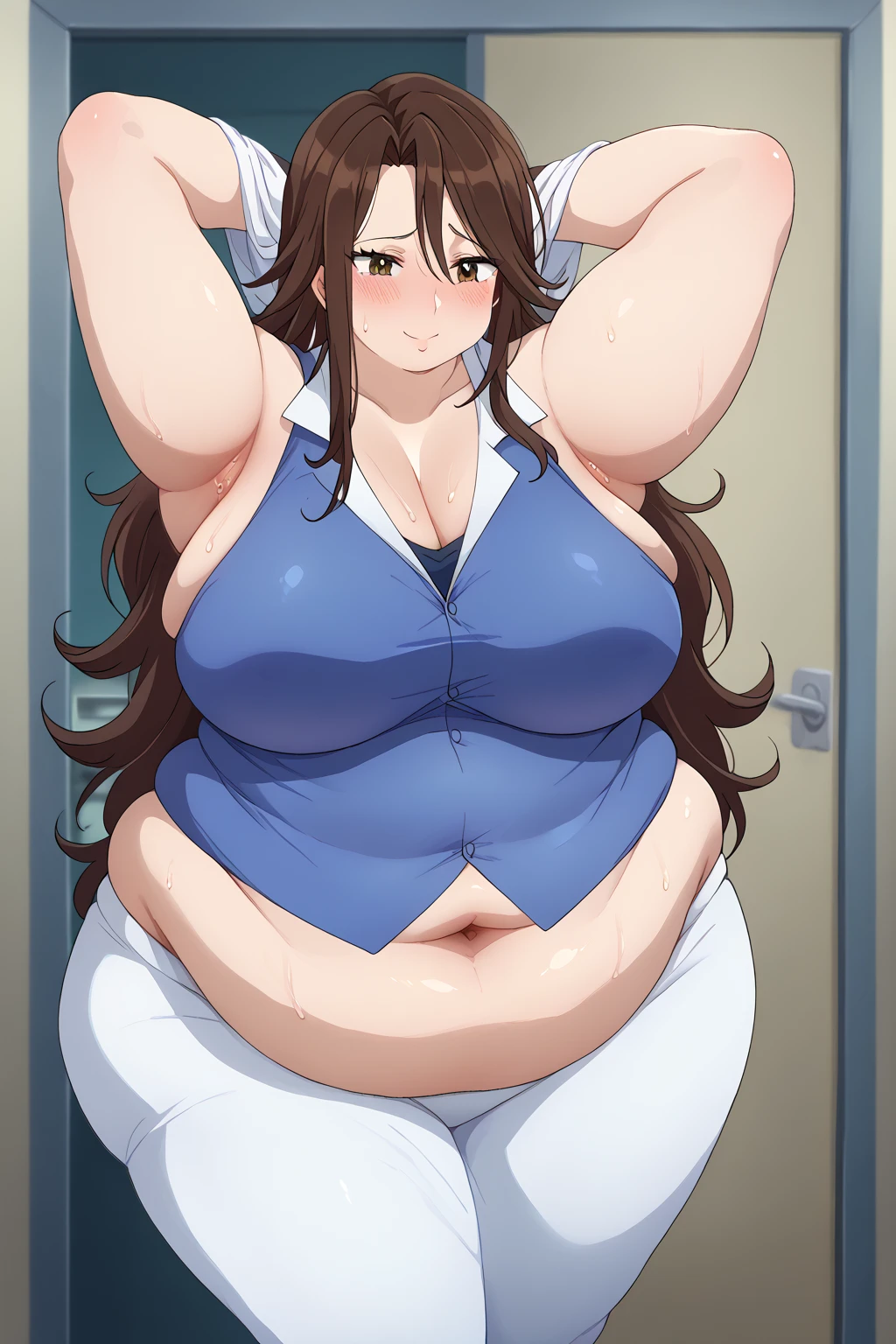  Sumeragi Lee Noriega ,  Sumeragi Lee Noriega ,blue shirt, sleeveless ,A shirt with a wide open neckline,White trousers,Exposed navel,Obese middle-aged woman, troubled expression, embarrassing expression ,milf, chubby, king bang , I'm sweating a lot,A woman with stinky body odor,A woman with smelly armpits ,Body odor,Showing off armpits, score_9,  score_8_ up、 score_7_ up、 score_6_ up、 score_5_ up、 score_4_ up、 masterpieces at the front door of the house、 top quality , very aesthetic,  absurd、 Source_ anime anime screencap,  one woman、Alone、 personal  、 brown eyes、 brown hair 、 long hair、Super huge breasts,  super huge clevis、Super huge, Super huge boob,Curvy、 wide hips、