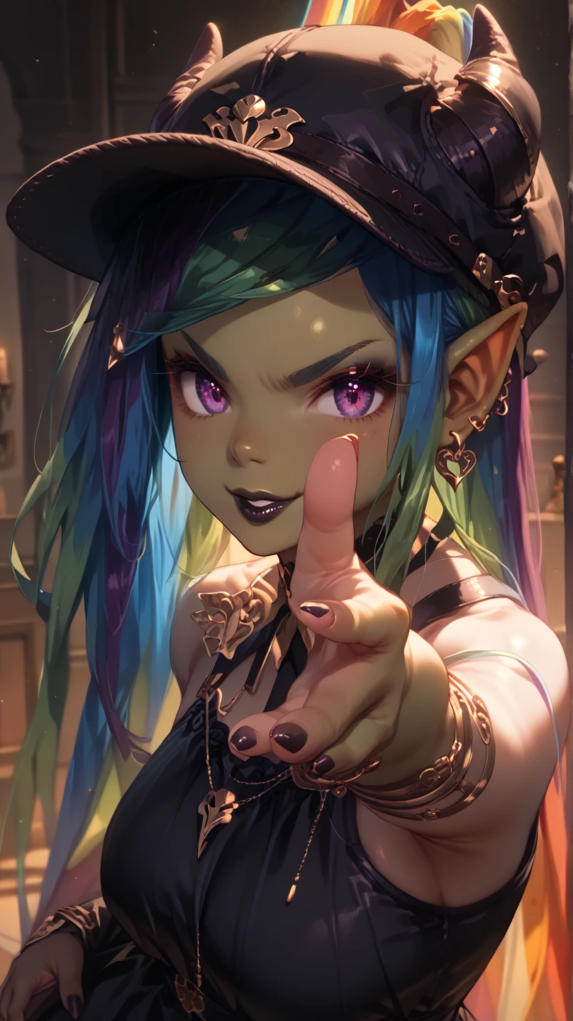 perfect hands, female goblin, (((dark green skin))), goblin ears, curvy body, giant breasts, giant ass, wide hips, detailed hair, (((very long rainbow hair:1.5))), bangs, (((rainbow hair:1.5))), detailed face, soft face, beautiful face, detailed eyes, anime eyes, pretty eyes, big eyes, purple eyes, black eyeshadow, black eyeliner, cute nose, detailed lips, black lipstick, demon horns, angry eyebrows, smile,