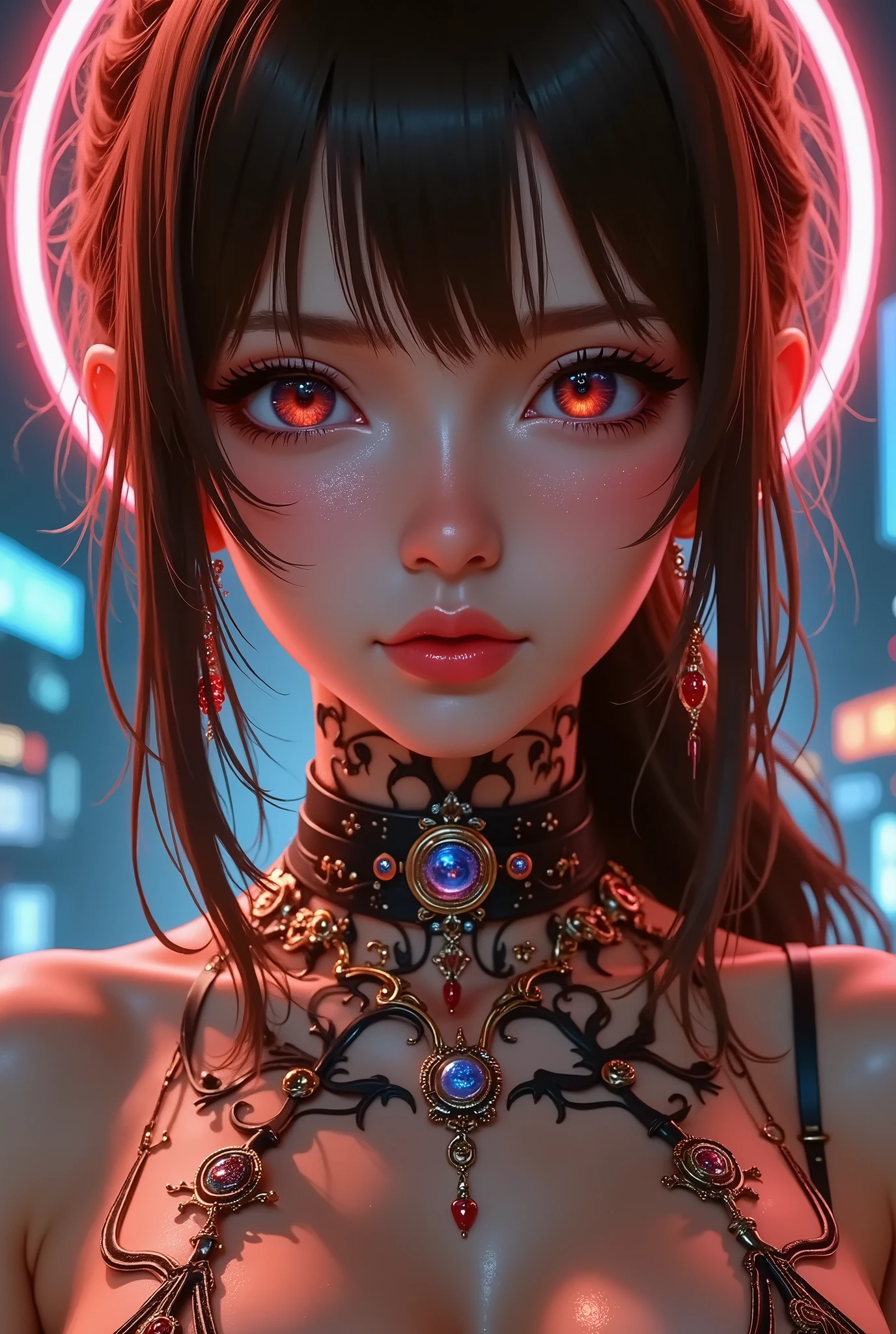  Brown hair  .  Beautiful Women，《Battle of the Two Cities》style， cyberpunk，“Three renders two” technology 、 蒸汽朋克的机械style，Dark Room 、Full display of the upper body，夜间霓虹 cyberpunk 、  coordinator neon ， is colorful， high contrast ，Super detailed characters