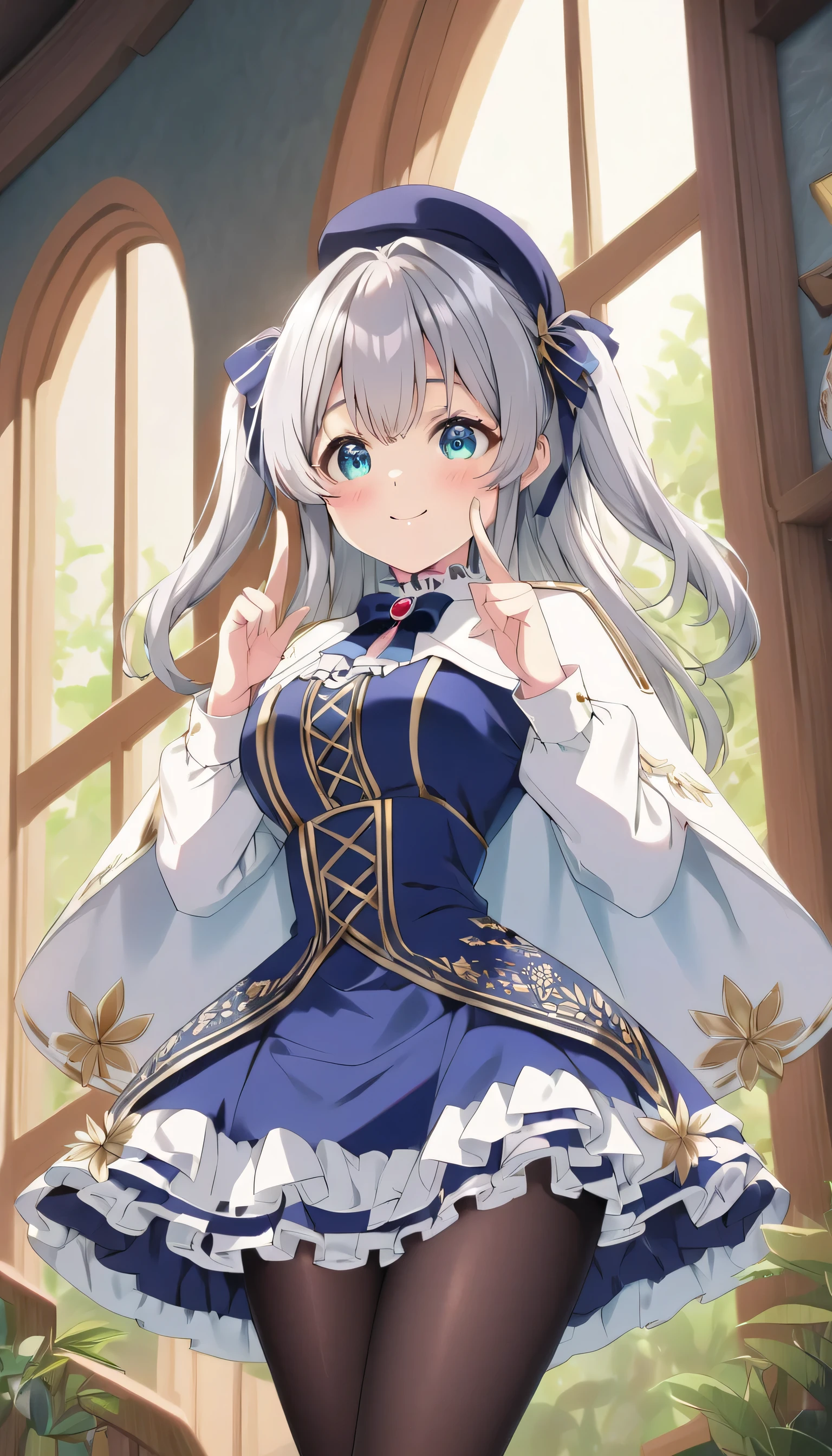 ((ultra-detailed)),   (highly detailed CG illustration),  (best quality:1.2),  ultra-highly detailed,  colorful composition, artistic photoshoot, 1girl, solo focus,  ((thigh to top:1.4)), ((cowboy shot:1.4)), moe anime character,  girl, dainty facial structure, (baby fand face), ((rounded chin:1.3)), ((ideal ratio body proportions)), celia-default, celia claire, (blue eyes), sparkle eyes, silver hair color, two side up, (deep royal blue and white strips hair ribbon), ((white capelet with gold decorations and cyan lining:1.4)), ((long sleeves white frilled shirt:1.4)), ((white frilled impossible clothes:1.4)), ((white frilled chichi-bukuro:1.4)), (huge breasts), (deep royal blue tight tube top corset dress with gold floral embroidery), ((dark royal blue frilly skirt with gold floral embroidery:1.3)), (detailed lace:1.1),  ((deep royal blue neck bow with ruby jewelry:1.4)), black pantyhose, (oriental blue beret), white lace panties, (pussy line), dynamic pose, skirt lift up, low angle, purple footwear, expecting, pink cheek, blush, light pink gloss slip,  standing by the window in a room decorated in rococo style, portrait, depth of field, soft lighting, sidelighting, (shine), lighting, caustics, ray tracing, smile, perfect face, lustrous skin, highly  detailed face, highly detailed eyes, perfect face, perfect nose, perfect hair, perfect eyes, perfect anatomy, beautiful hair, beautiful small face, extremely detailed face, beautiful detailed eyes, beautiful clavicle, beautiful body, beautiful huge breasts, leavage, breasts squeezed together, equalize the size of the left and right breasts, beautiful thin thighs,  beautiful legs, beautiful fingers, 4 fingers, 1 thumb, lovely, (very detailed background:1.0), (highly detailed background:1.0), spring aesthetic, intricate details, joyful atmosphere, spring colors palette, chromatic aberration