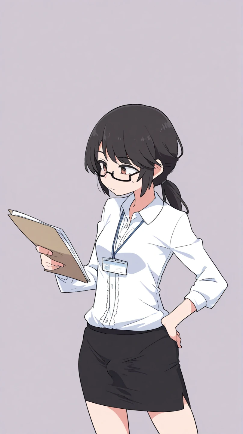 1girl, futa, secretary, white blouse, distracted, black skirt, standing, little micro small bulge, holding document, simple background, (ixy:0.50)