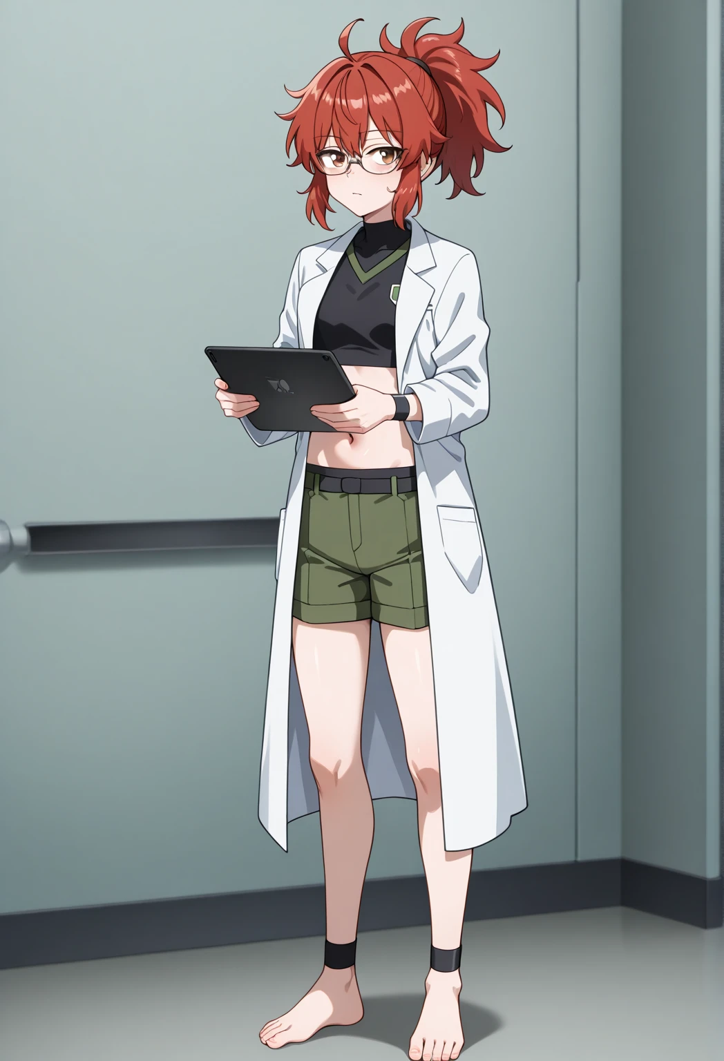  masterpiece fails,  top quality ,  lab background ,  looks at viewer , 
  1girl,  A slender tall girl , medium convex chest ,round hips , press tablet with small muscles ,wears glasses, red hair with a ponytail smoothed and shaved temples, red bangs hair for the right eye , brown eye , wearing a lab coat , on the body black top with an open belly ,green military shorts , barefoot, on the arms and ankles black brpslets ,bare feet,black steel bracelets on the ankles , holds an apple ,