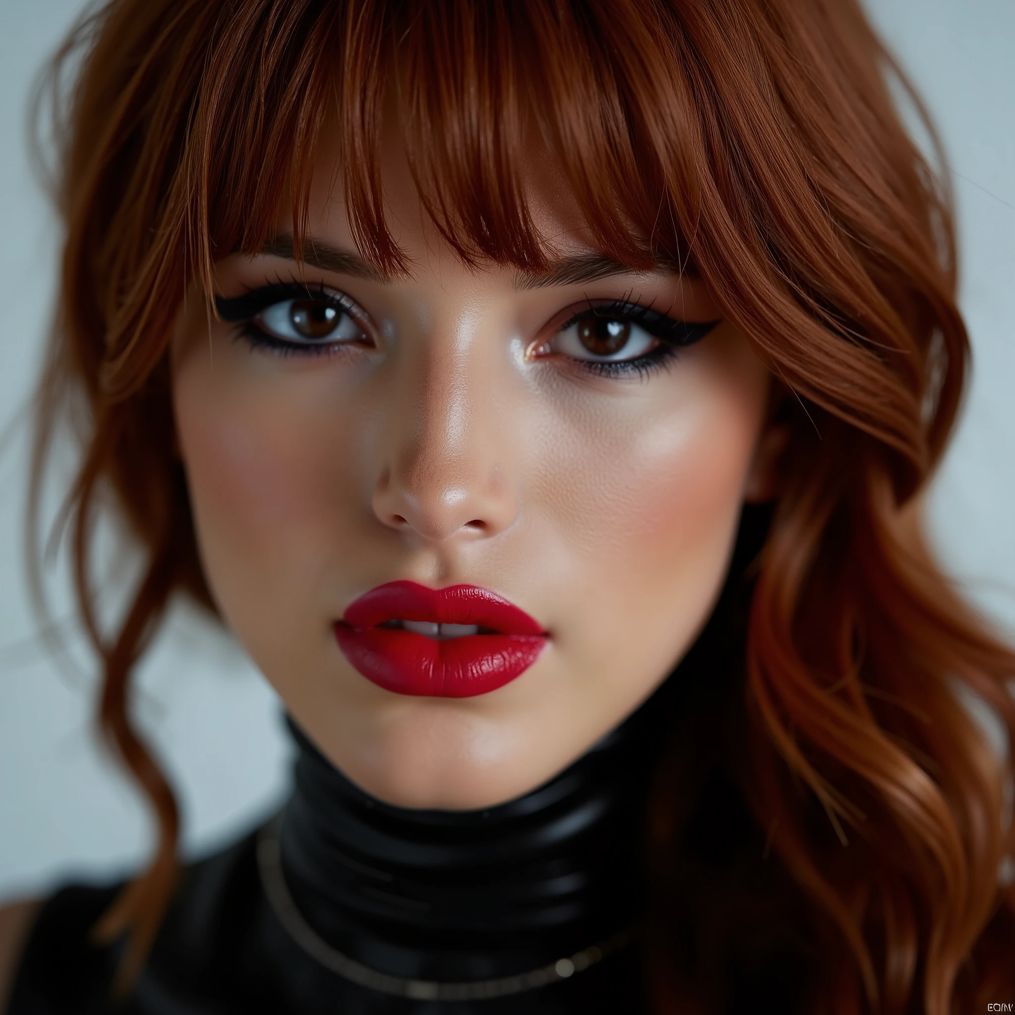 A beautiful, sexy girl with dark red hair, close-up portrait of her pretty face, captivating red lip gloss, dramatic eyeliner flicks, wearing a sexy latex neck-entry catsuit, (best quality, 4k, 8k, highres, masterpiece:1.2), ultra-detailed, (realistic, photorealistic, photo-realistic:1.37), HDR, UHD, studio lighting, ultra-fine painting, sharp focus, physically-based rendering, extreme detail description, professional, vivid colors, bokeh, portrait, realism, realistic