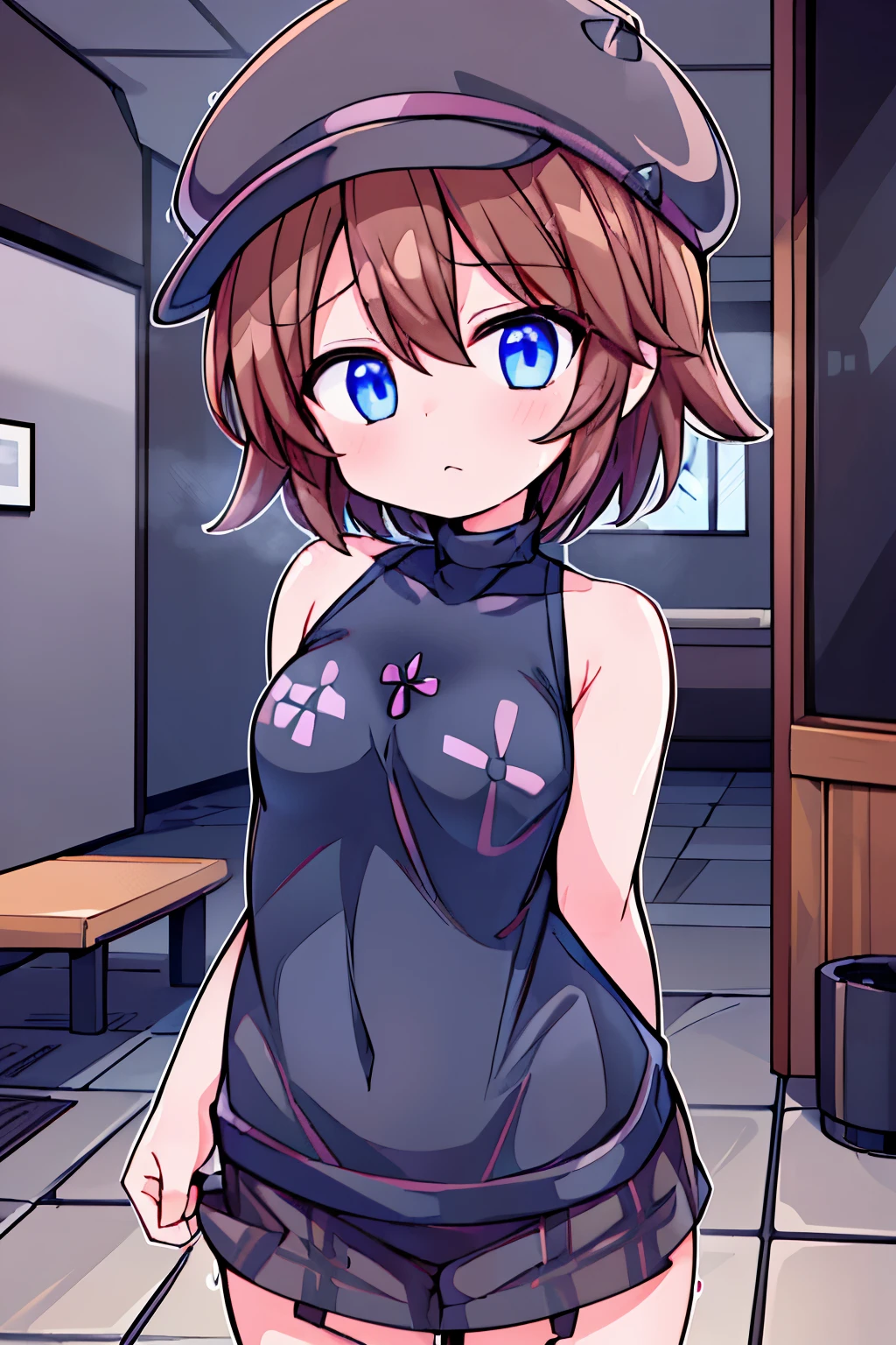 1 girl,( blue eyes, review, short hair , Brown hat, Brown Hair, black sweater , Sleeveless Turtleneck, brown plaid skirt ,),1 middle-aged man,(naked,whole body), girl gets cuckolded by middle-aged man, Love Hotel ,whole body