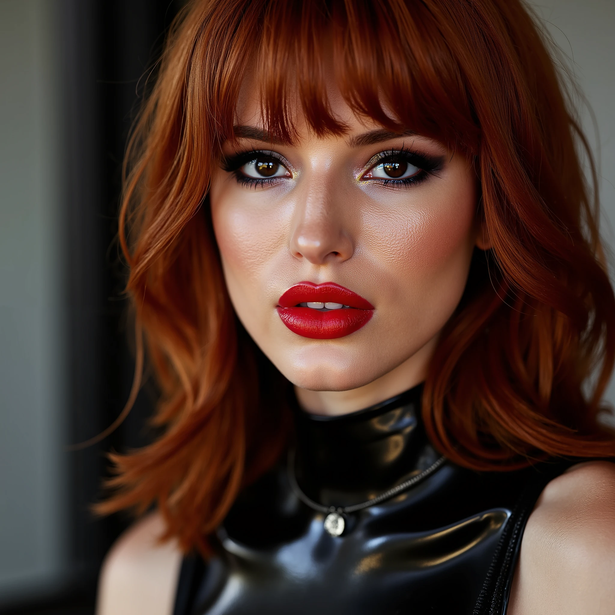 A beautiful, sexy girl with dark red hair, close-up portrait of her pretty face, captivating red lip gloss, dramatic eyeliner flicks, wearing a sexy latex neck-entry catsuit, (best quality, 4k, 8k, highres, masterpiece:1.2), ultra-detailed, (realistic, photorealistic, photo-realistic:1.37), HDR, UHD, studio lighting, ultra-fine painting, sharp focus, physically-based rendering, extreme detail description, professional, vivid colors, bokeh, portrait, realism, realistic