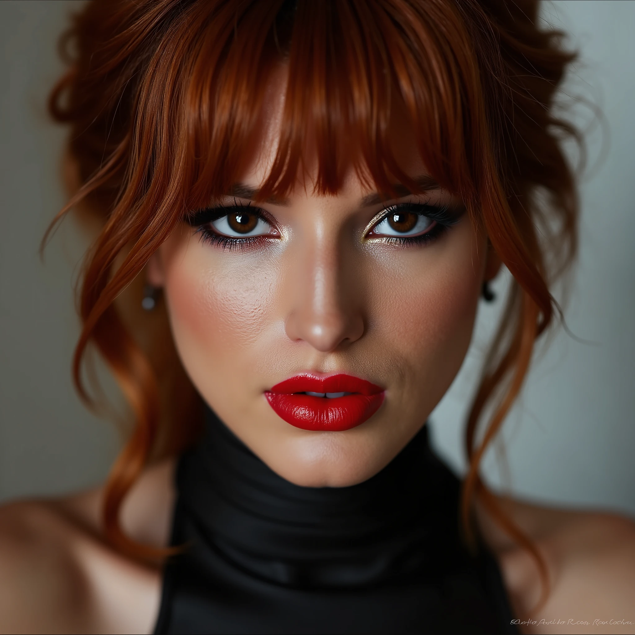 A beautiful, sexy girl with dark red hair, close-up portrait of her pretty face, captivating red lip gloss, dramatic eyeliner flicks, wearing a sexy latex neck-entry catsuit, (best quality, 4k, 8k, highres, masterpiece:1.2), ultra-detailed, (realistic, photorealistic, photo-realistic:1.37), HDR, UHD, studio lighting, ultra-fine painting, sharp focus, physically-based rendering, extreme detail description, professional, vivid colors, bokeh, portrait, realism, realistic