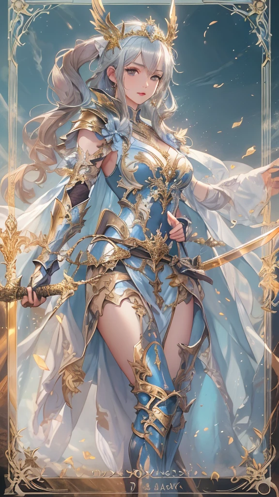 1girl, ((slim)) tall pirate sexywoman, thin waist, 18 years old, ((ornate ((steel)) breastplate armor)), average breasts. (((cleavage))), ((((very long blue skirt)))), ((headband)), on a ship, ((gorgeous slim face)), ((Brown hairs)), ((long straight flowing hairs)), sea, detailled face, marterwork, serious eyes, intense detailled eyes