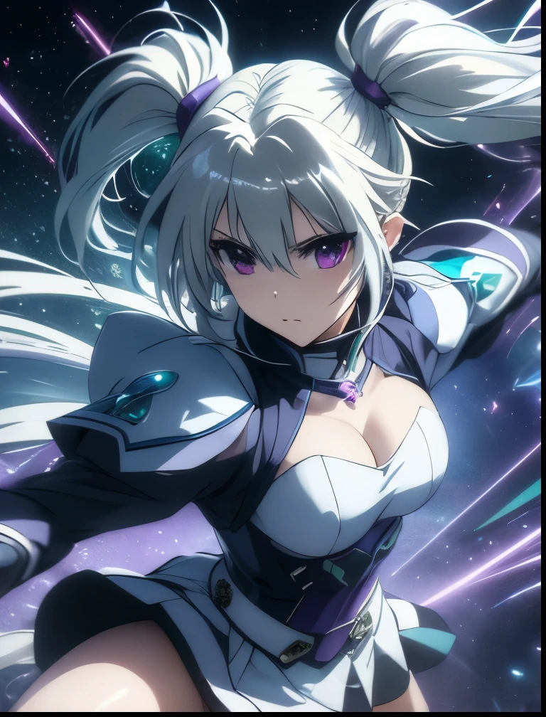 （（（ＳＦＷ、Precision、Highest quality、A first-class masterpiece、Normal body、8k、  Detailed Face 、Ultra-precision、 Normal hand、５refer to、Highest）））、"Magical Girl Lyrical Nanoh"、 Einhard Stratos 、Adult version 、pale blue-silver base、pale blue-silver hair、Heterochromia（green、Purple）、 odd-eye（green、Purple）、 twin tails、Hao Wang Rug Incantation、Fighting Girl、Kaiser Arts、 High Leg Leotard、pale white blue silver jacket 、 light white green mini tight skirt、Straight punch、 are expressionless、You should drop your lower back and hit it so you can gouge in、Broken Space Fist