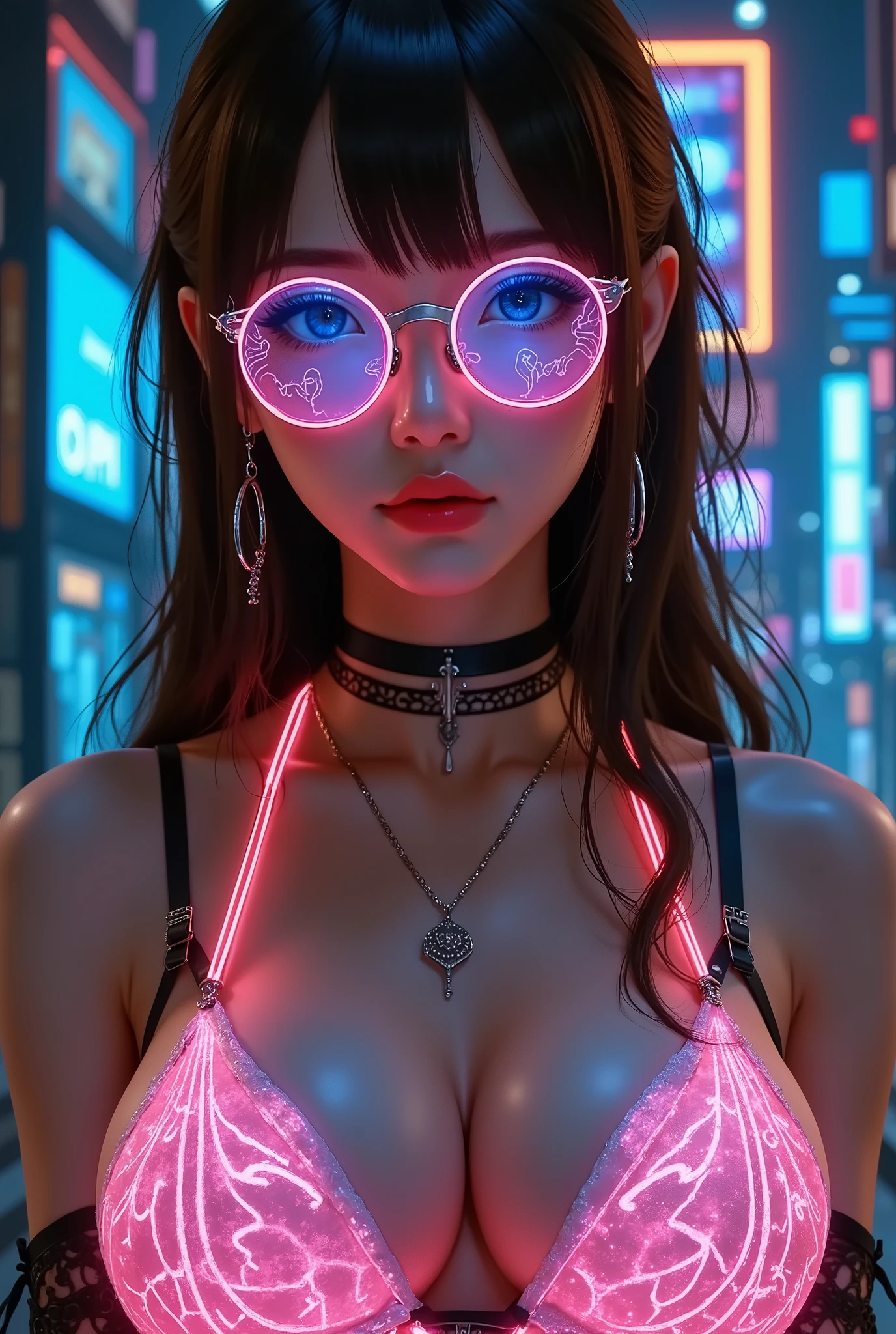 Brown hair . Beautiful Women,《Battle of the Two Cities》style, cyberpunk,“Three renders two” technology 、 蒸汽朋克的机械style,Dark Room 、Full display of the upper body,luminous bra, glasses,夜间霓虹 cyberpunk 、 coordinator neon , is colorful, high contrast ,Super detailed characters