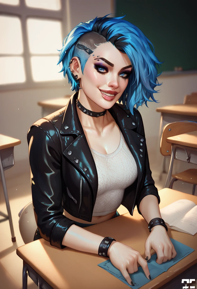 Beautiful 25 year old girl, White skin Short punk style hair with blue highlights,Blue eyes ,Gothic makeup,Wearing a small black leather jacket, Sitting on the school desk, smiling evilly,