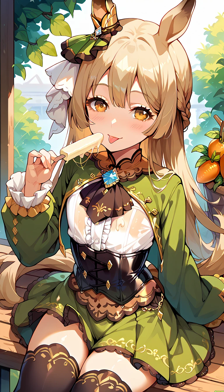 Masterpiece, high definition, top quality, 8k, 1girl, satonodef, half updo, braid, animal ears, ear ornament, frills, green dress, green jacket, white shirt, black ascot, sleeves past fingers, frilled sleeves, corset, green skirt, black thighhighs, horse tail, Completate, solo, man is not visible on screen, big tits, blush, can't see crotch, high leg swimsuit food on chest, popsicles, Food on the body, holding vegetables, have an popsicles, tongue, Stick her tongue out, smile