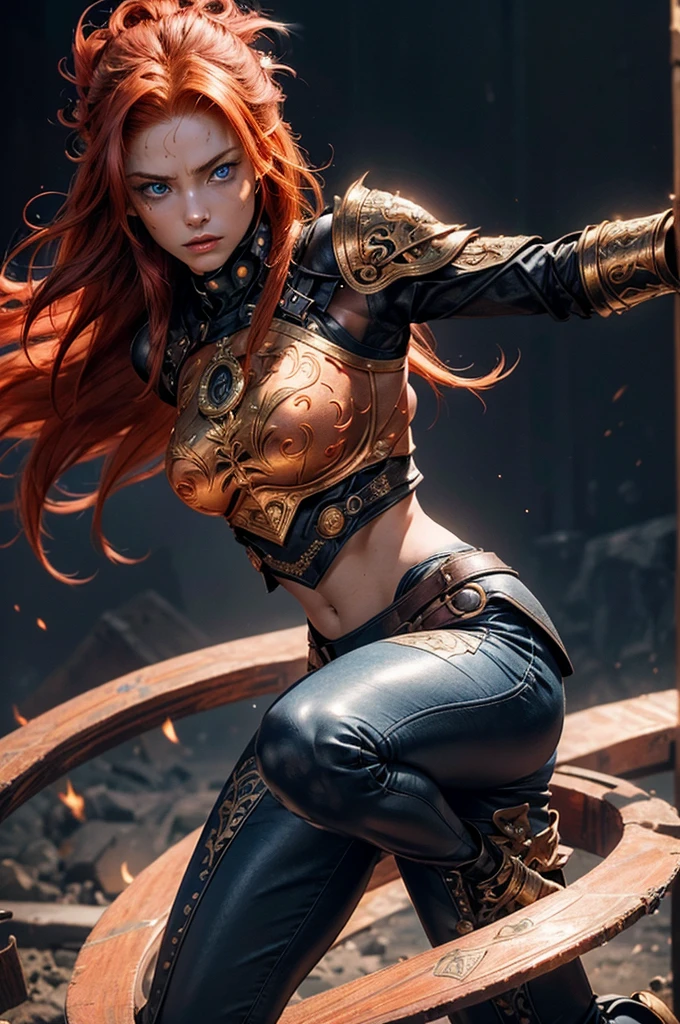 a female warrior with (orange skin, orange fur, orange hair, orange skinned)
