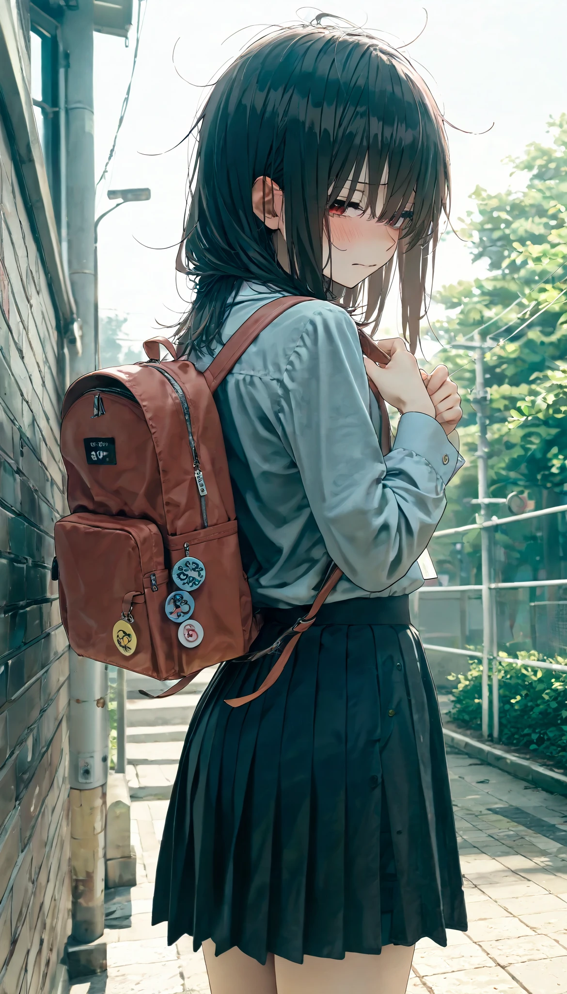       masterpiece  ,     best quality,       very aesthetic  , 1 girl,alone, stupid ,disheveled,freshly lifted ,shy,student,Pin on the backpack,dark