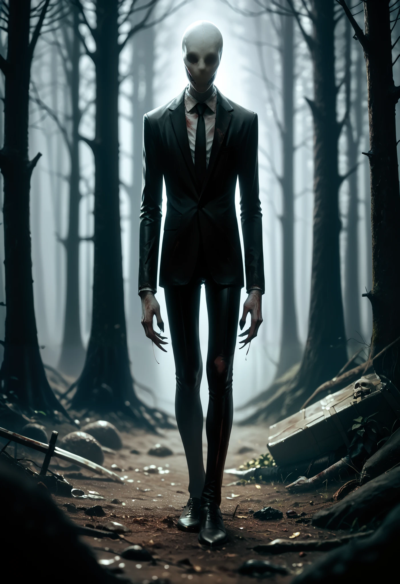 slender man, creepypasta, faceless, white skin, black suit, black tie, long arms, long legs, dread, foggy forest, dark theme, looking at viewer, (blurry background), depth of field, masterpiece, best quality, good quality, newest, ultra quality, high detailed