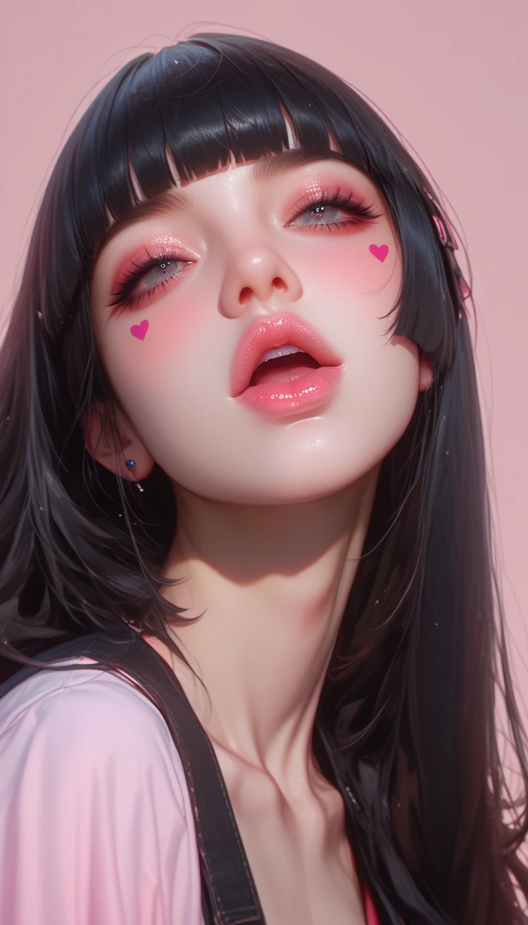 Hair covers my bare chest、 Open your mouth loosely  、、depression、20 years old、woman、 black hair 、 red cheeks 、 pink lips、 long straight hair、Bob、hime cut、 upper body、  Look up at the viewers 、 simple background、