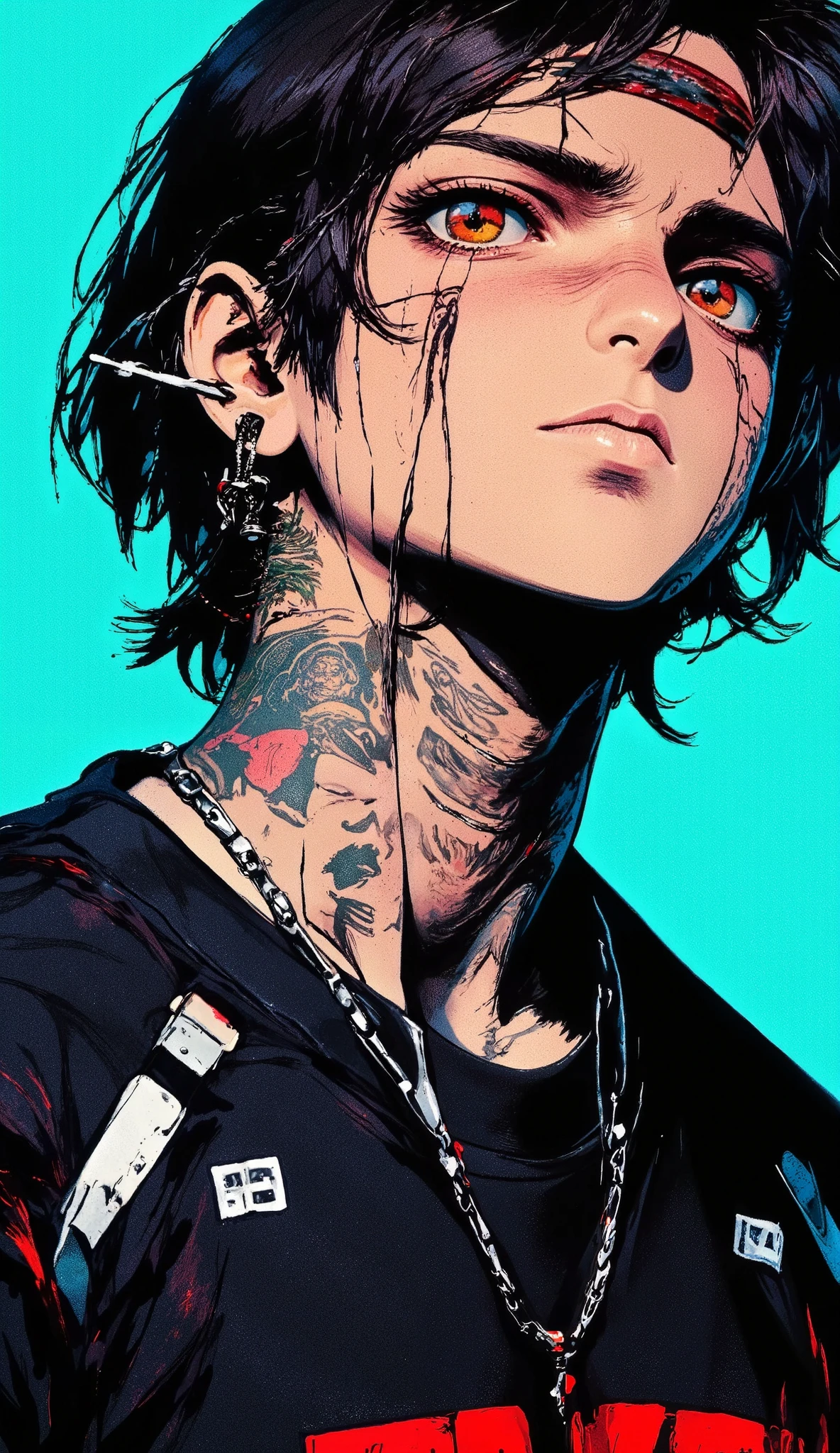   a close up of a young man with a tattoo on his neck, He looks up ,   piercings and eyebrow piercings   , nose and mouth,   image centered near the flat   , modern hair,   half-open lips , light cyan background  ,    black sweatshirt with white   , muchos   neck tattoos   y rostro,   cyberpunk art inspired by Yanjun Cheng  , tumblr, arte digital,  of a Taiwanese girl with tattoos ,    work of art in the style of Guweiz ,   neck tattoos  ,  cyberpunk , Ilya Kuvshinov. 4k, guweiz, Japanese art style  , yakuza slim girl, tattoo style,  beautiful face of a cyberpunk girl 