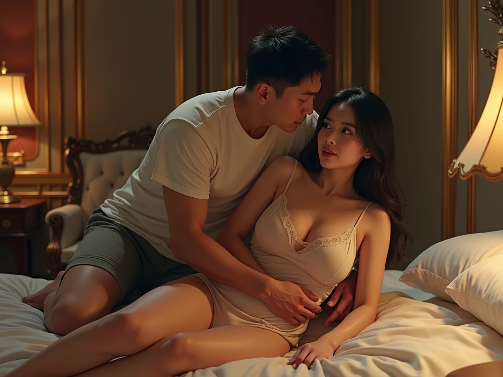 top-quality, masterpiece, 80 years old man and 20 years old bightly smile girl couples, korean Girl sitting on the bed, (80 years old man hugging young girl) , big breasts, (A pregnant girl with a big belly), girls wear white lingerie garter belt and white lace wedding veil and white lace gloves, (old man white shirt), in the Moody luxury hotel bedroom, correct hands, Romantic warm lighting at night, young girl kiss old man,